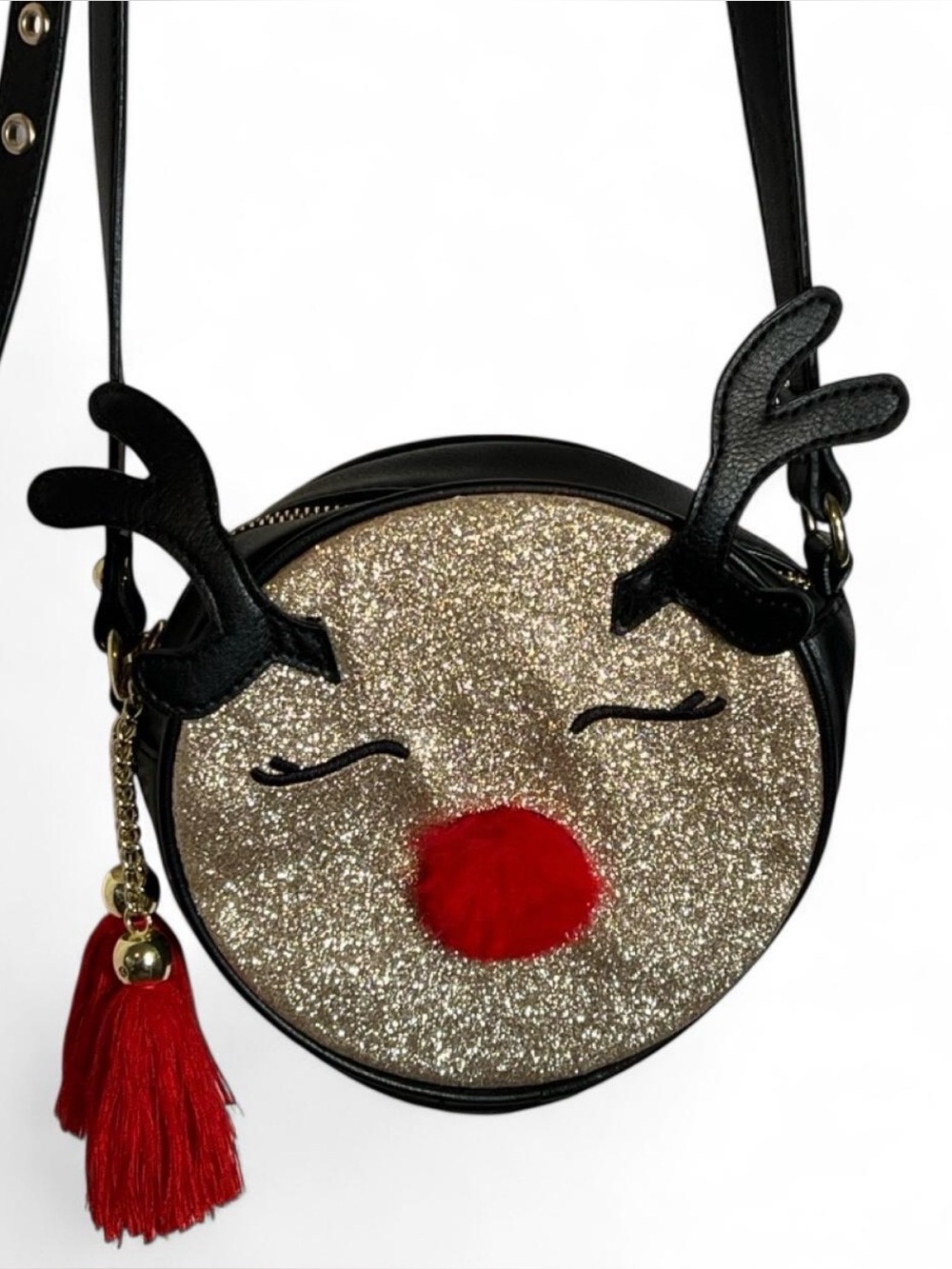 Festive Glitter Reindeer Crossbody Bag with Red Pom Accent